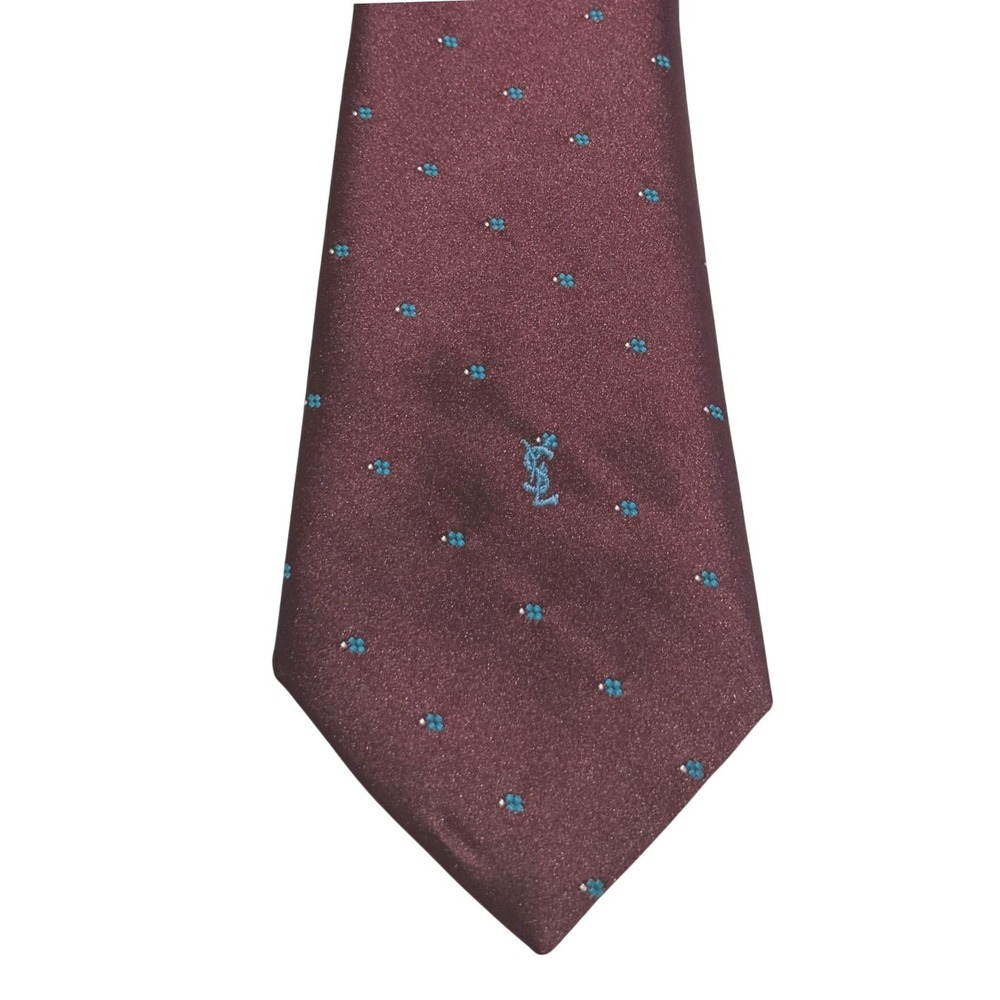 Yves Saint Laurent YSL Silk Necktie Burgundy Blue Monogram Designer Luxury Tie